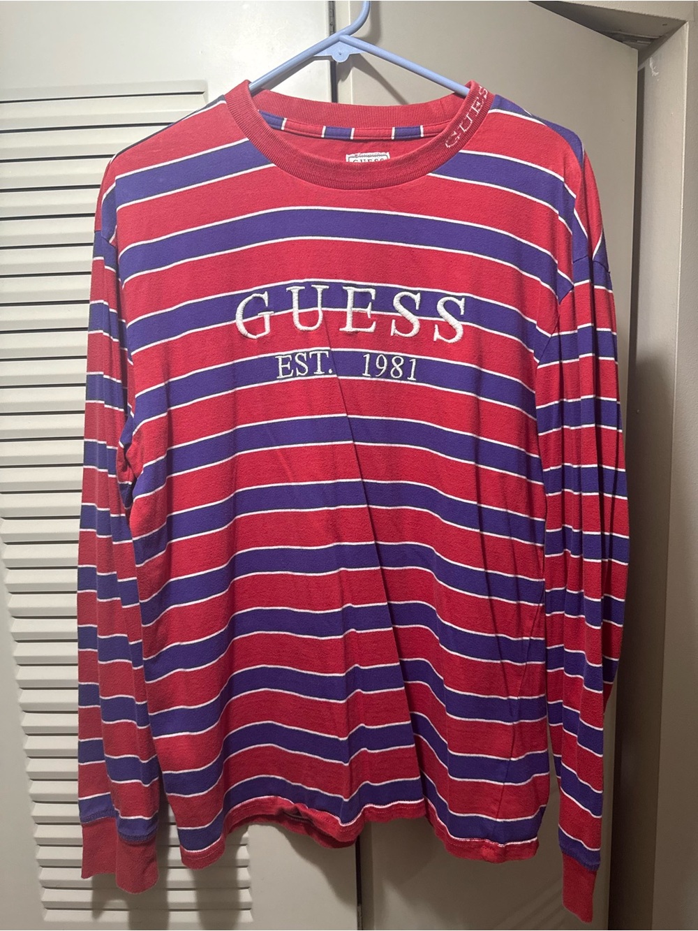 GUESS Red and Blue Striped Long-Sleeve Tee with White Logo